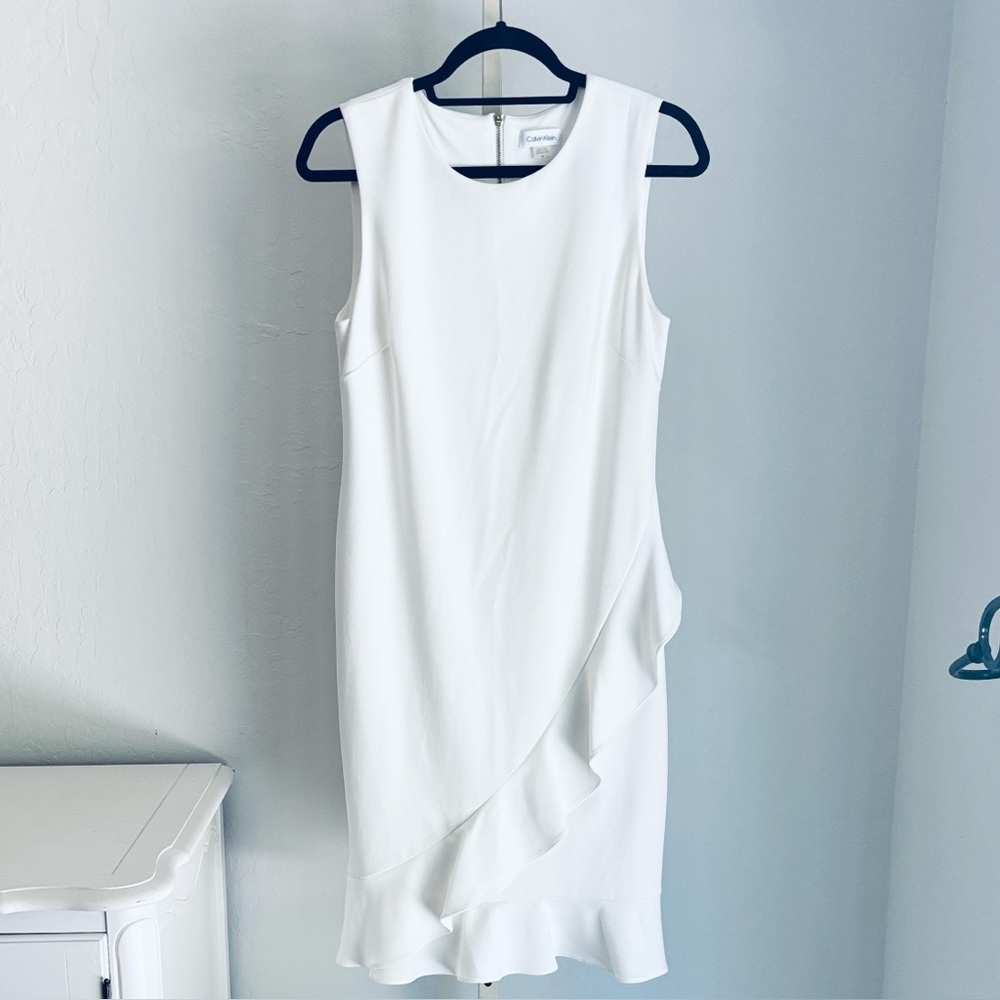 Calvin Klein Off-white Fitted Sleeveless Asymmetrical Ruffle Front Dress, 8